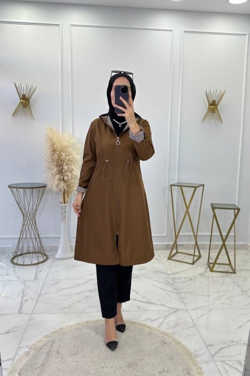 Çizgili Trenç Kahve Kahverengi