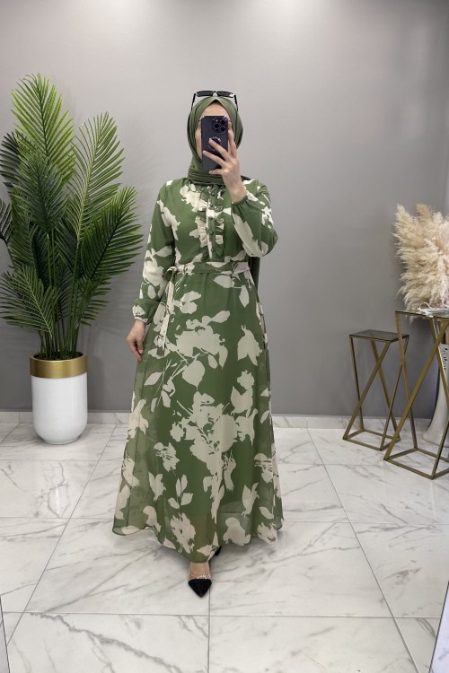 Yaprak Şifon Elbise Haki Haki