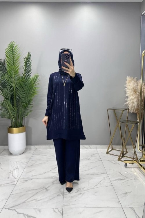 İnci Taşlı Takım Lacivert  Lacivert