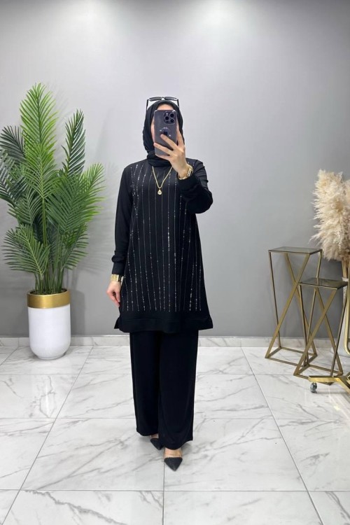 İnci Taşlı Takım Siyah Siyah