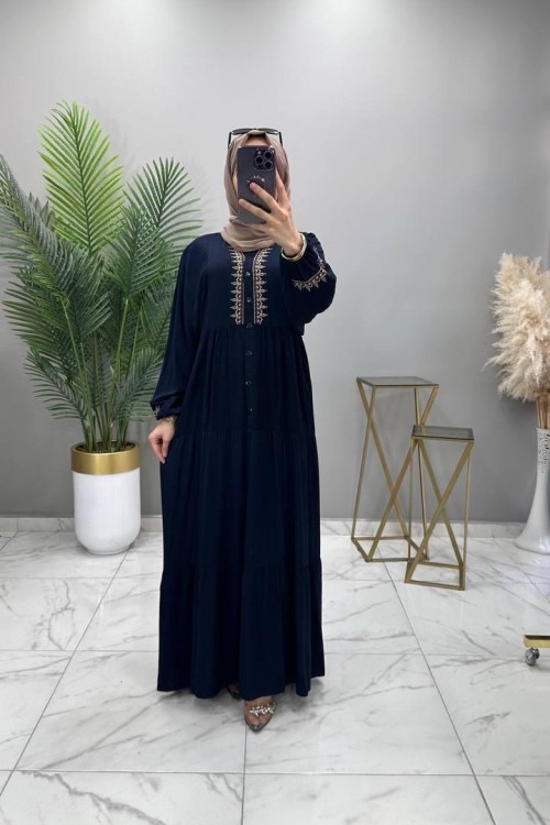 Nakışlı Medine Elbise Lacivert  Lacivert