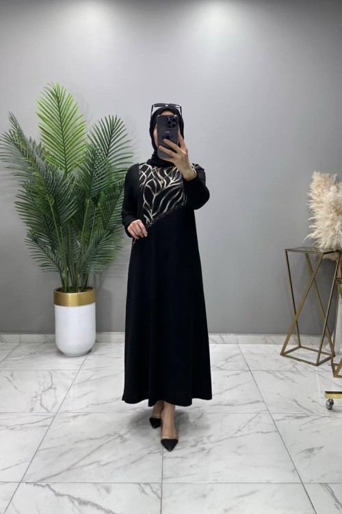 Dolunay Taşlı Elbise Siyah Siyah