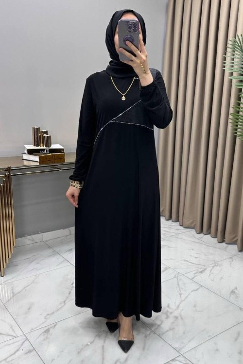 Gülbin Taş Deri Detaylı Elbise  Siyah