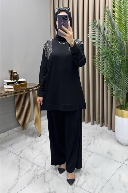 Gizem Taşlı Takım Siyah Siyah