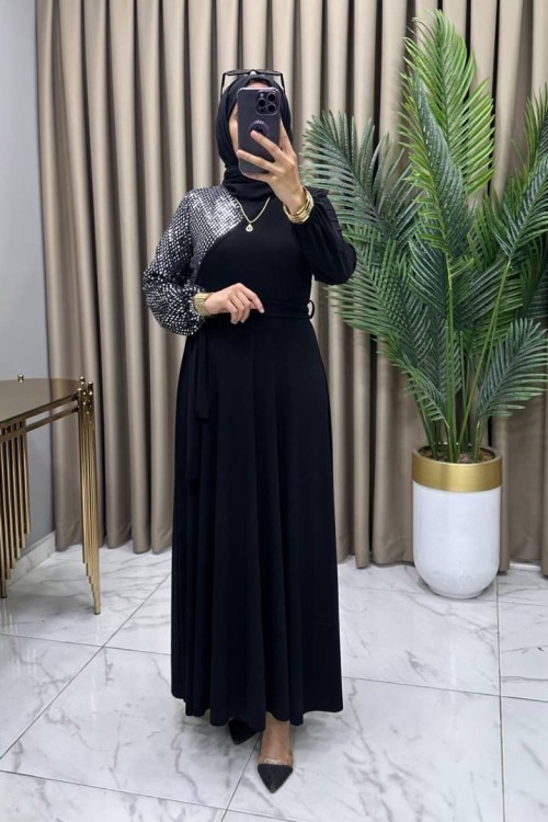 Serap Abiye Elbise Siyah Siyah