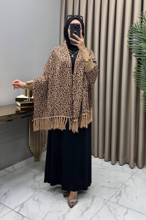 Leopar Kollu Şal Panço Vizon Vizon
