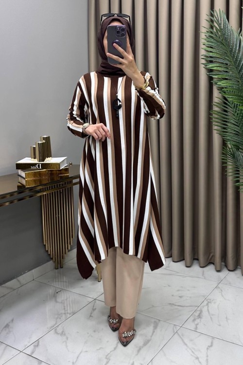 Nihal Triko Tunik Kahve Kolye Hediyeli Kahverengi