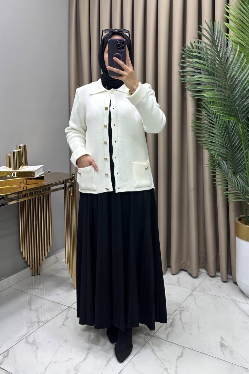 Ayla Çelik Örme Triko Hırka Ekru Ekru