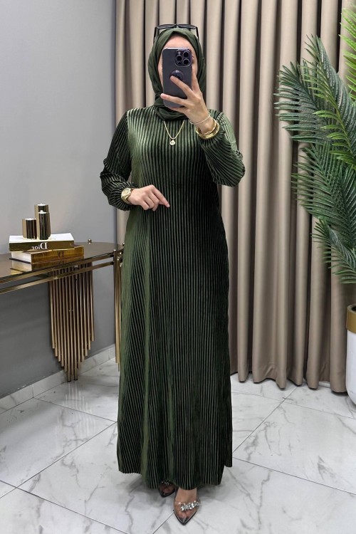 Multi Piliseli Kadife Elbise Haki Haki