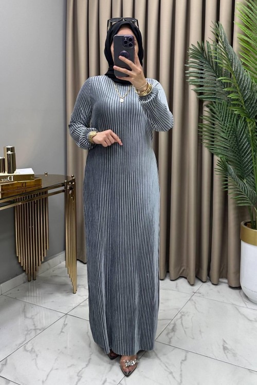 Multi Piliseli Kadife Elbise Gri Gri