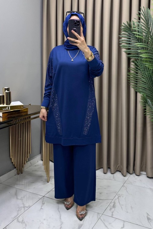 Hanımeli Taşlı Takım İndigo Mavi İndigo