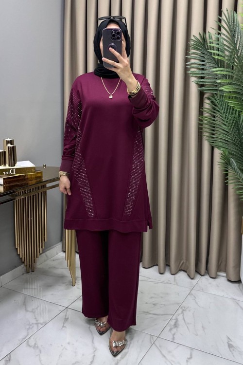 Hanımeli Taşlı Takım Fuşya Fuşya