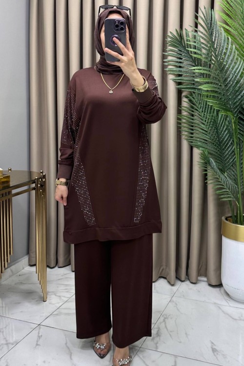 Hanımeli Taşlı Takım Kahve Koyu Kahverengi