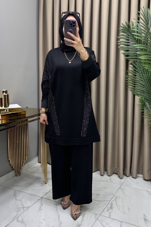 Hanımeli Taşlı  Takım Siyah Siyah
