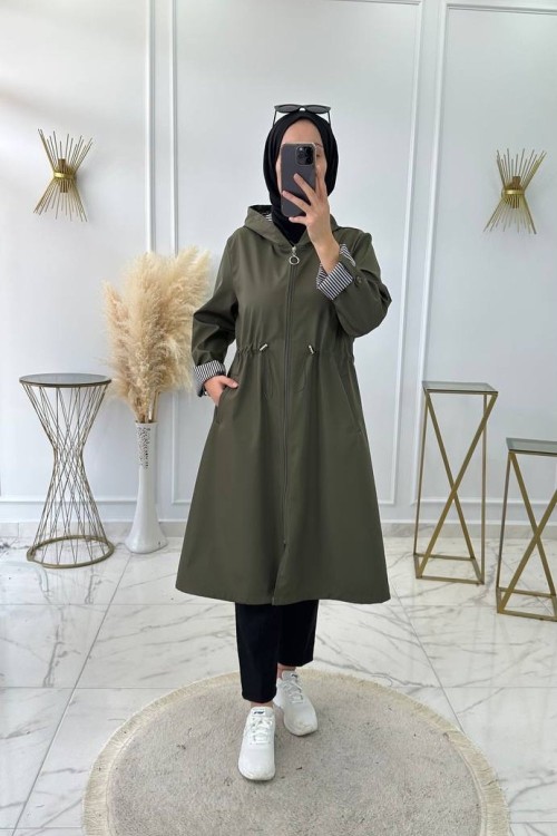 Çizgili Trenç Haki Yeşil Yeşil