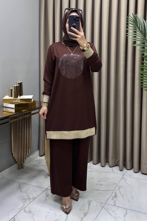 Özge Ribanalı Takım Kahve Kahverengi