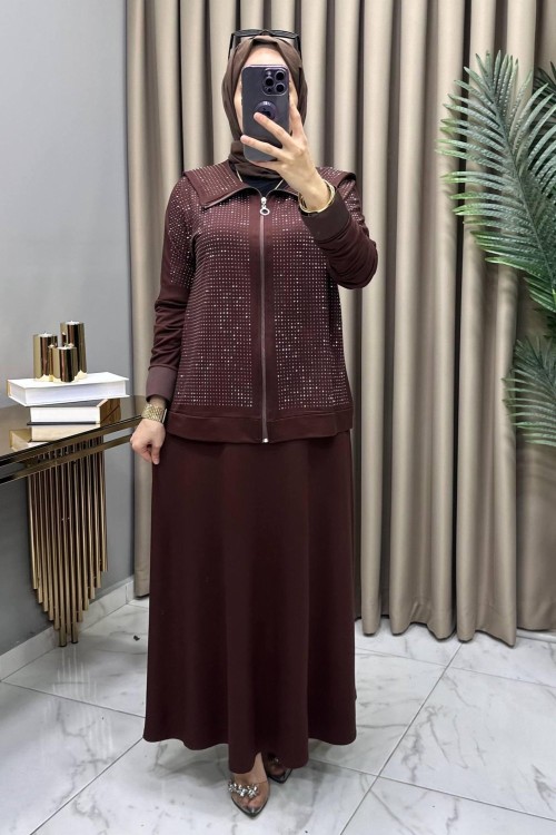Serenay Taşlı Takım Kahve Kahverengi