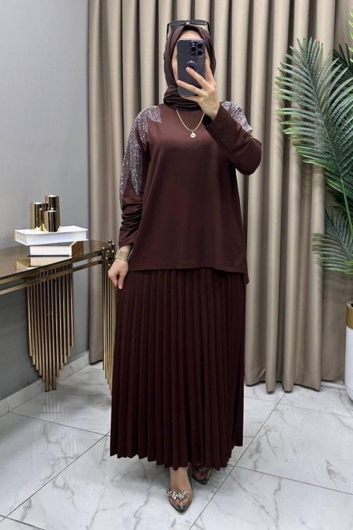 Yase Etekli Takım Kahve Kahverengi