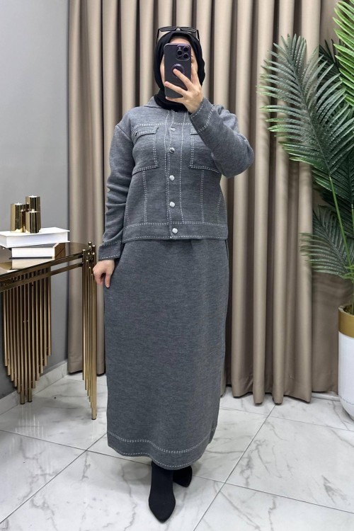 Melis Triko Etekli Takım Füme Füme