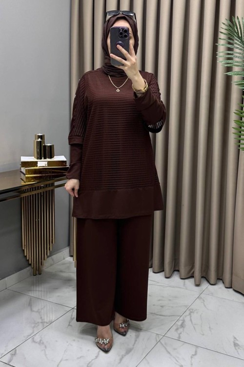 Ayben Fileli Üçlü Takım Kahve Kahverengi