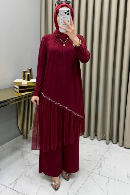 Tüllü Takım Bordo Bordo