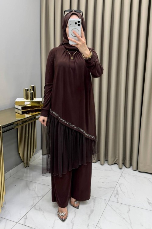 Tüllü Takım Kahve Kahverengi