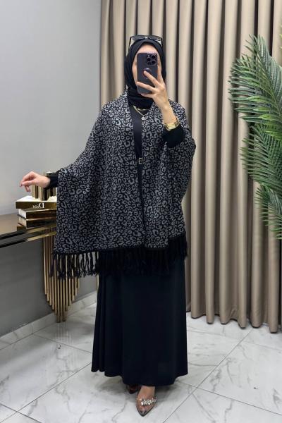 Leopar Kollu Şal Panço Siyah