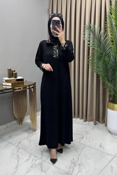 Leopar Yakalı Elbise Siyah