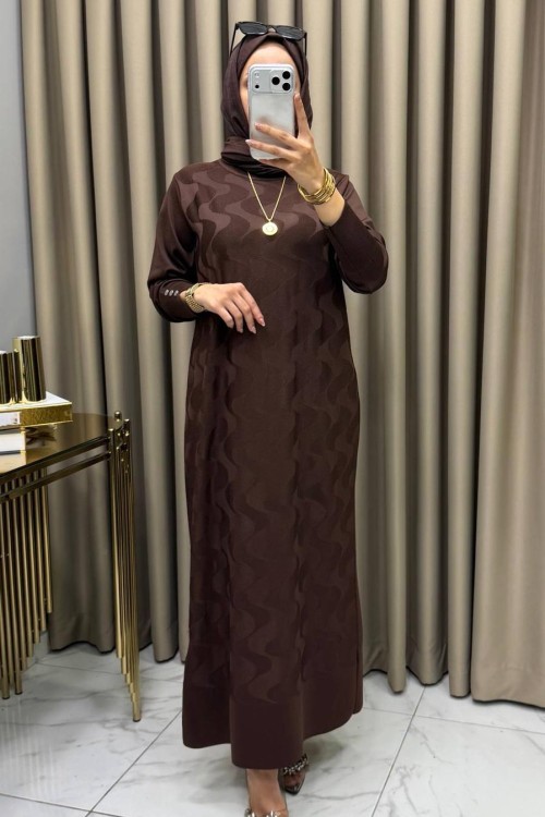 Zeyna Merserize Triko Elbise Kahve Kahverengi