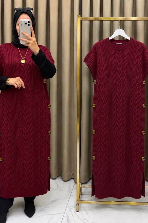 Ela Uzun Süveter Bordo Bordo