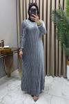 Multi Piliseli Kadife Elbise Gri Gri