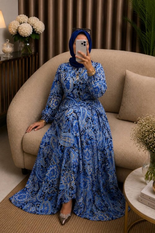 Şal Desen Elbise indigo Mavi İndigo