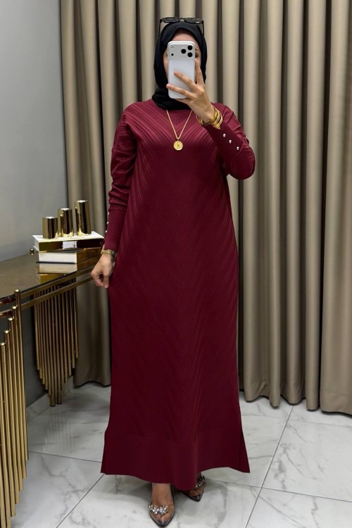 Delal Soğuk Merserize Elbise Bordo Bordo