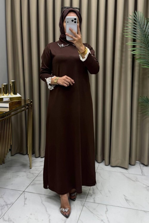 Kamila Merserize Elbise Kahve Kahverengi