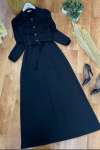 Çift Fırfırlı Fitilli Örme Triko Elbise Siyah